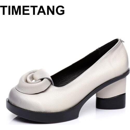 TIMETANGWomen Spring Pumps Retro Lady 7CM High Heels Slip On Handmade Flower Pumps Women Genuine Leather ShoesE1137