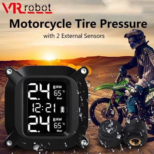 VR robot Wireless Motorcycle TPMS Moto Tire Pressure Waterpoof Tyre Time Temperature Monitoring Alarm with 2 External Sensors