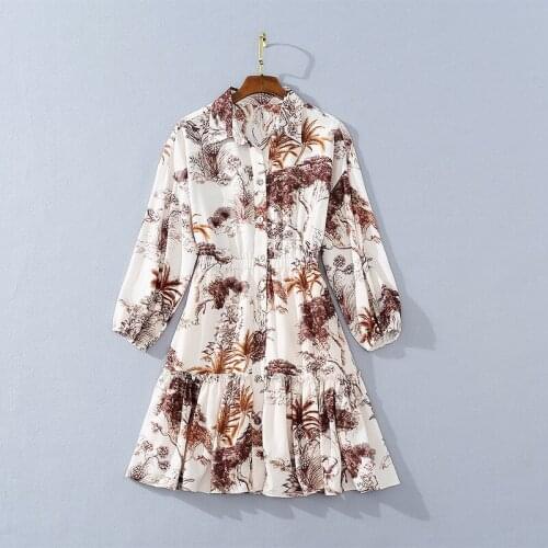 European and American womens clothing 2020 autumn new style Long sleeve lapel Landscape printing Fashionable dress