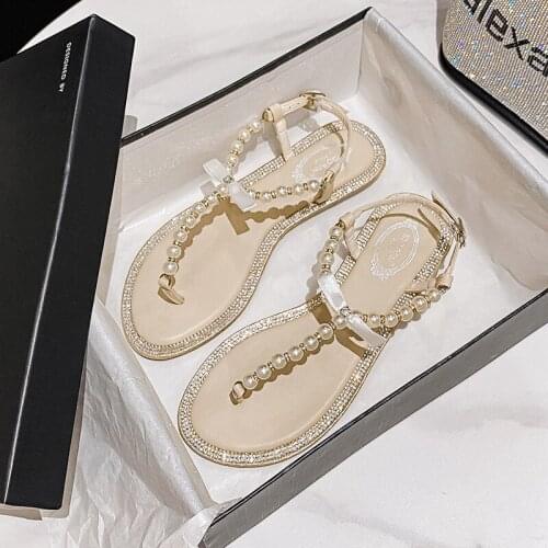 Women Sandals 2021 Summer Shoes Flat Pearl Sandals Comfortable String Bead Beach Slippers Casual Sandals Clear Heels for Women