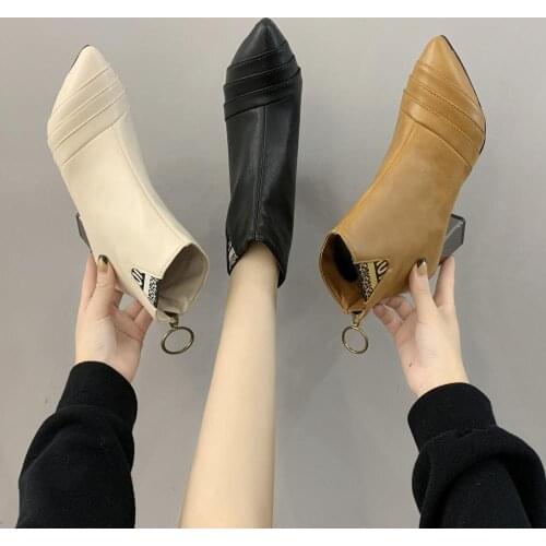 New Spring Ankle Boots For Women Casual Shallow Slip-on Pointed Toe High Heels Zipper Shoes Woman Pu Leather Zapatos De Mujer