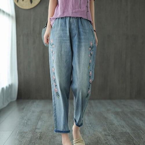Johnature Loose Retro Embroidery All-match Elastic Waist Denim Harem Pants 2021 Autumn New Women Fashion Ankle-length Pants