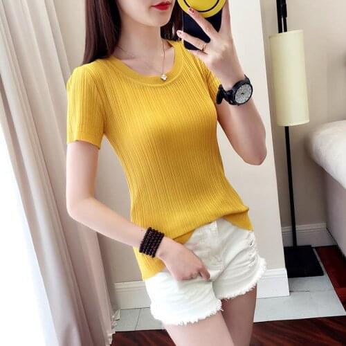 2021 New Summer Women Fashion Korean O-Neck Solid Outwear Jumper Tees Female Ice Silk All-match Short Sleeve Knitted T-Shirt A19