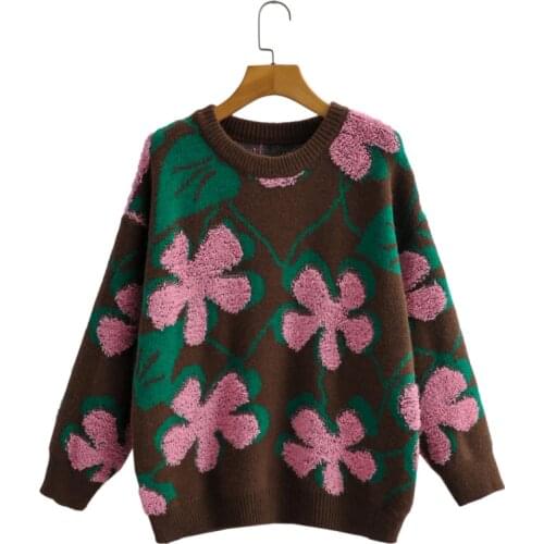 Korean version of womens 2021 autumn and winter new casual long-sleeved round neck pullover jacquard loose knitted sweater