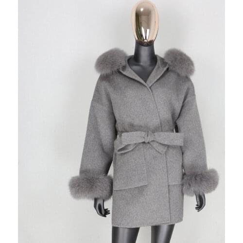 CXFS 2021 New Real Fur Coat Winter Jacket Women Natural Fox Fur Collar Cuffs Hood Cashmere Wool Woolen Oversize Ladies Outerwear
