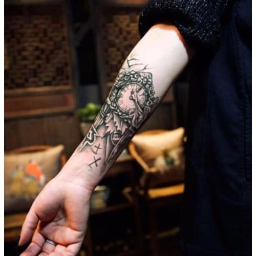 1pc Black 3D Sexy Fake Transfer Tattoo Chest Clock Tatoos For Men Temporary Large Mechanical Arm Tattoo Sticker Women