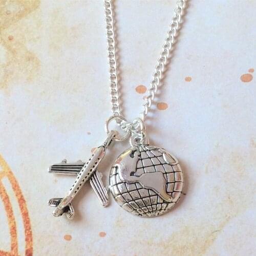 2020 Wanderlust-World-Map Earth Airplane Necklaces & Pendants Silver Colour Travling Handmade Jewelry