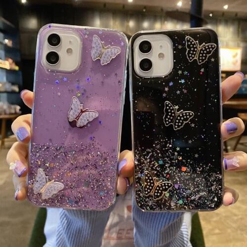 100pcs/lot 3D Bling Glitter Butterfly Back Phone Case For iPhone 12 Mini 11 Pro XS Max XR X 7 8 6 6S Plus