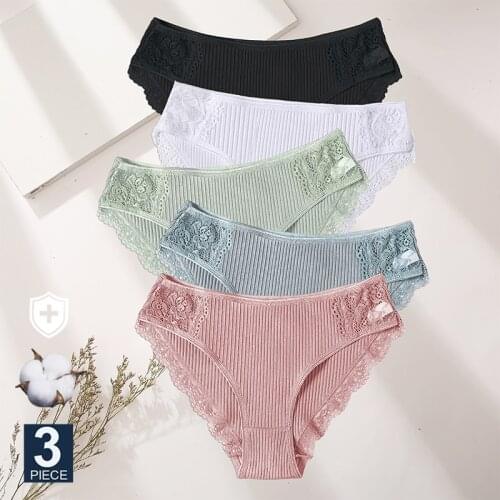 M-XXL 3PCS Cotton Underwear Womens Panties Set Comfort Underpants Floral Lace Briefs For Woman Sexy Low-Rise Pantys Intimates