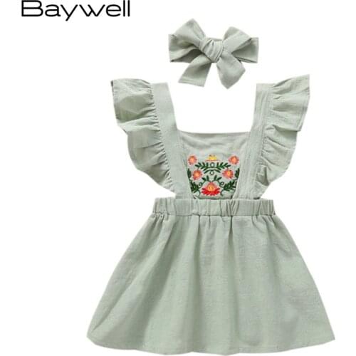 Baywell Infant Baby Girl Cotton Dresses Embroidered Flower Vest Sleeveless Dress Clothes Newborn Girls Sundress With Headband