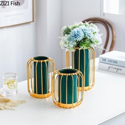 European Style Golden Wrought Iron Ceramic Vase Living Room Flower Arrangement Decoration Creative Vases TV Cabinet Home Decor