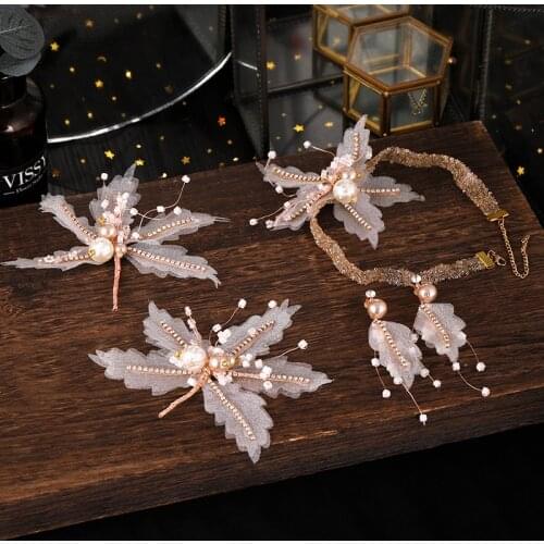 Head Ornament With Earrings Set Bride Korean Pearl Spun Flowers Wedding Dress Accessories Woven Crystal Hairpin d88