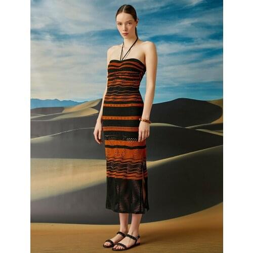Brown Striped Knit Dress Womens Summer Bohemian Street Beach Style Fashion