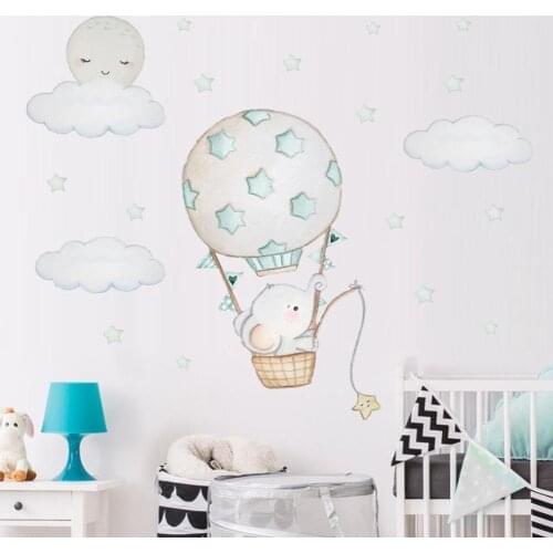 Cartoon Baby Elephant Wall Stickers For Kids Room Decoration Moon Hot PVC Decals Stars Cloud Wall Baby Balloon Nursery Room D3P3