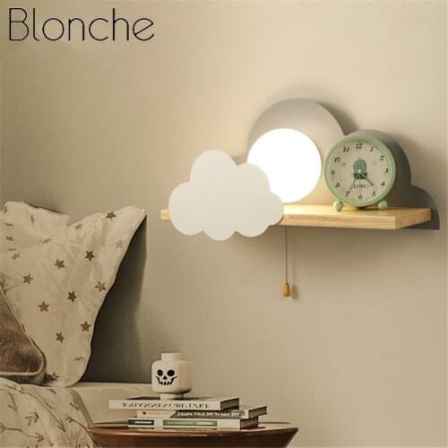 Nordic Cloud Wood Shelf Wall Lamp with Pull Switch Children Bedroom Bedside Night Light Study Corridor Wall Sconce Led Fixture