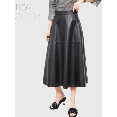 Novmoop genuine leather sheepskin long A line lolita women skirt elegant graceful style side pocket back zipper closure LT3355