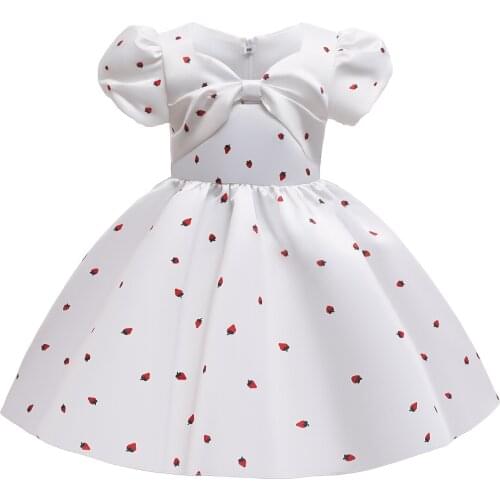 Toddler Girl Party Dresses Elegant Princess Summer Dress White Print Strawberry Bow Cute Evening Wedding Gown Kids Clothes 2-10T