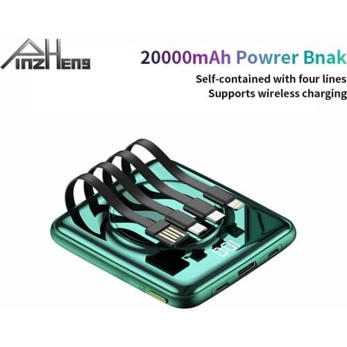 PINZHENG 20000mAh Wireless Power Bank For iPhone Xiaomi Samsung Huawei PowerBank Portable Charger Battery Mini With Four Wires