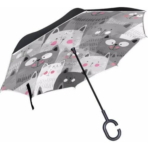 Lovely Cartoon Kitten Cat Windproof Reverse Umbrella Double Layer Inverted Umbrella Self Stand Rain Protection C-Hook Umbrella