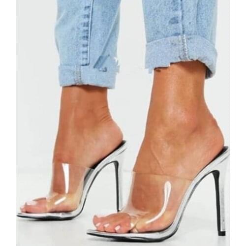Big Size 47 Girls Transparent PVC Peep Toe Slip On Stiletto Heels Sexy Party Night Club Sandals Slides Shoes Woman Slippers