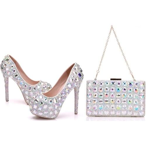 Crystal Queen 14CM High Heels Platform Women Wedding Shoes With Matching Bags Bride Payty Dress Shoes Purse Pumps