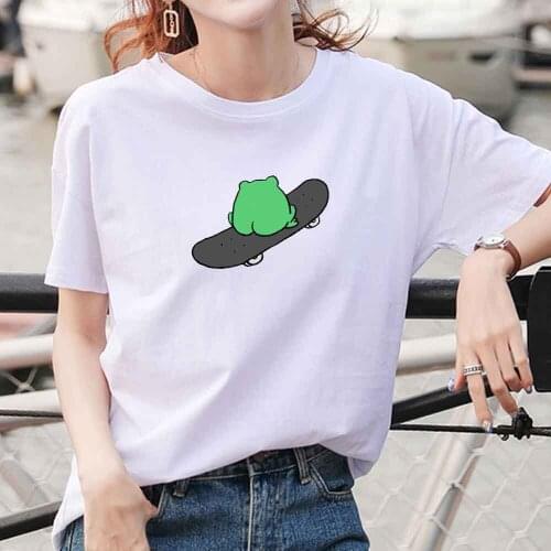 Funny Skateboard Frog Print Harajuku Kawaii T Shirt Women Short Sleeve O Neck Cartoon T Shirt Summer Tee Tops Cute Anime Tee