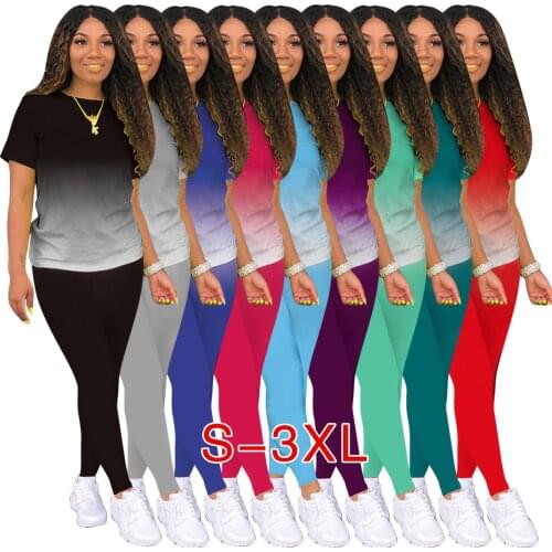 Plus Size Womens Clothing Sports Style Fashion Urban Classic Casual Solid Color Gradient Short Sleevess Trousers Two Piece Suit