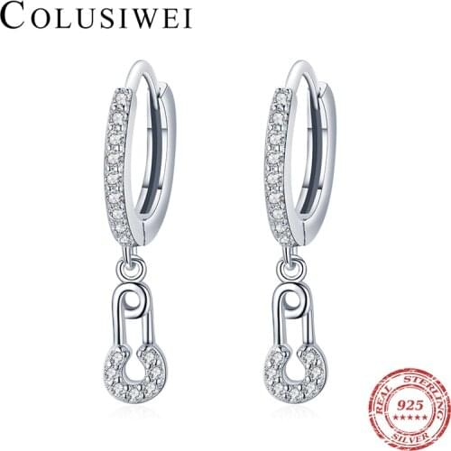 Colusiwei Authentic 925 Sterling Silver Brooch Shape Hoop Earrings Sparkle Clear CZ Ear Buckles For Women Silver Fine Jewelry