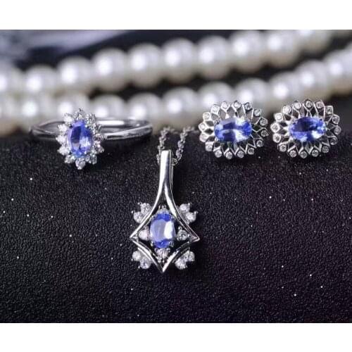 Natural blue tanzanite gem jewelry sets natural gemstone Pendant ring Earrings 925 silver round Diana women party fine jewelry
