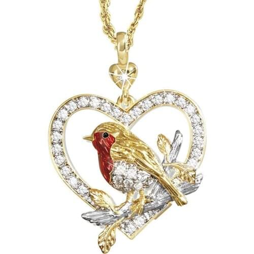 Women Rhinestone Robin Bird Heart Pendant Clavicle Chain Necklace Jewelry Gift