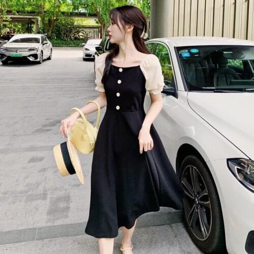 2021 Summer New Style Sweet and Gentle Square Collar Waist Waist Temperament Small Skirt Waist Black Jumpsuit