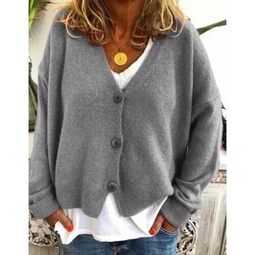 Lugentolo Womens Knitted Sweater Loose Casual Fall Fashion New V-Neck Full Sleeve Button Plus Size Solid Acrylic Sweaters