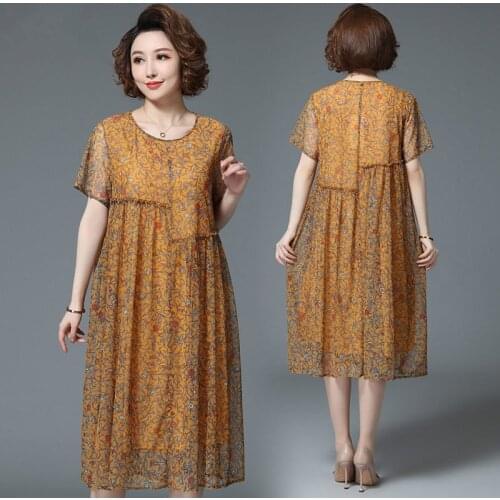 Plus Size 4XL 2021 New Summer Mesh Print Midi Dress Women Loose High Quality O-Neck Casual Short Sleeve Dresses Vestidos Y864