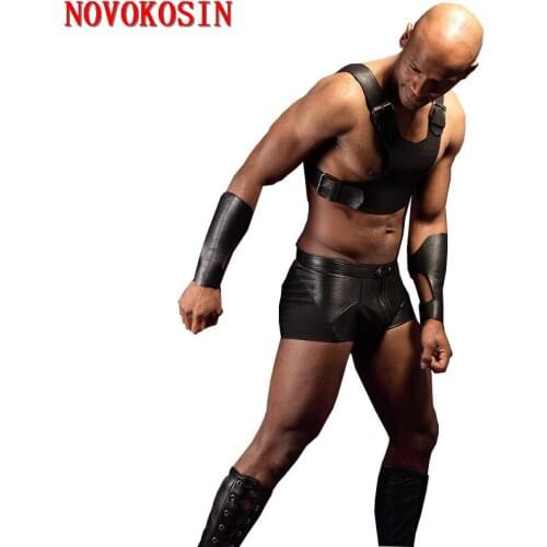2018 High Quality Men New Sexy Wet Look Faux Leather Black Belt Club wear PVC Tanks With Panties Erotic Lingerie 2 Pieces Set