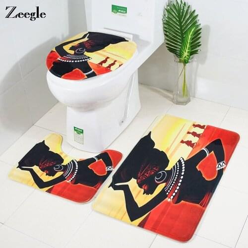 Zeegle African Woman Microfiber 3pcs Bath Mat Set Toilet Rugs Lid Toilet Cover Non-slip Bathroom Floor Mats Bathroom Carpets Set