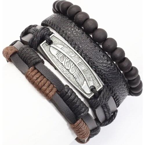 New Trendy 4 Pcs/set Punk Skull Feather Charm Weave Beads Leather Bracelets Men Women Homme Femme Male Jewelry Free shipping
