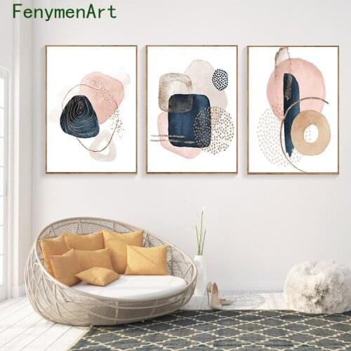 Abstract Boho Posters Prints Golden Lines Pink Blue Geometric Canvas Painting Modern Wall Art Pictures Porch Bedroom Home Decor