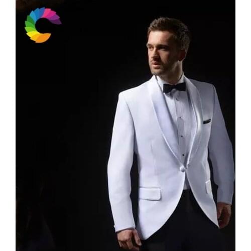 White Wedding Men Suits Tuxedos Groom Wear 2 Pieces (Jacket+Pants) Shawl Lapel Bridegroom Prom Suits Blazer Costume Homme