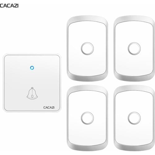 CACAZI Home Wireless Doorbell 300M Remote CR2032 Battery Waterproof 1 Transmitter 4 Receiver 60 Ring 0-110DB Chime US EU UK Plug