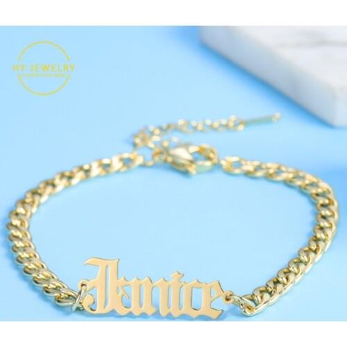 Personalized Name Bracelet Custom5.5mm Cuban Chain Bracelet 18K gold plated Stainless Steel Name Bracelet Old English Font Women