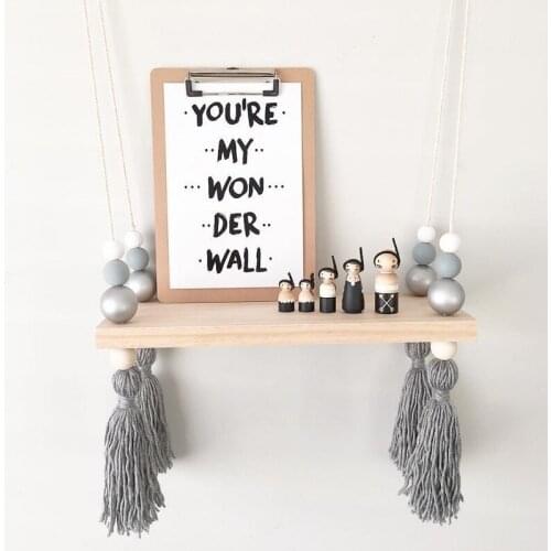 Nordic Style Wooden Storage Rack Floating Shelves Bead Tassels Hanging Board Ornaments Wall Decor Kids Bedroom Living Room Decor
