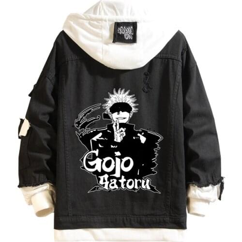 Anime Jujutsu Kaisen Jeans Jacket Black Gojo Satoru Costume Denim Jacket Kawaii Men/women Autumn Hooded Y2K Casual Outwear Coat