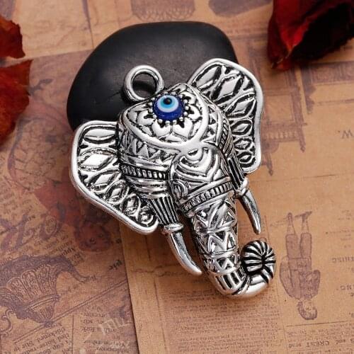 DoreenBeads Zinc Based Alloy silver color Boho Chic Pendants Elephant Head Evil Eye Enamel DIY 55mm x 47mm(1 7/8"), 2 PCs