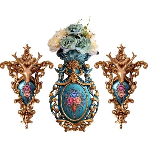 European Retro Wall Hanging Vase Resin Crafts Decoration Home Livingroon TV Background Mural Restaurant Hotel Painting Potflower
