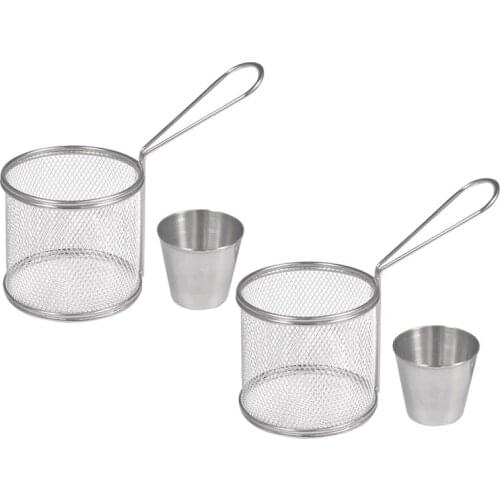 Fry Baskets, Mini Round Stainless Steel French Fries Mesh Fryer Basket Holder Cooking Tool with Sauce Cup