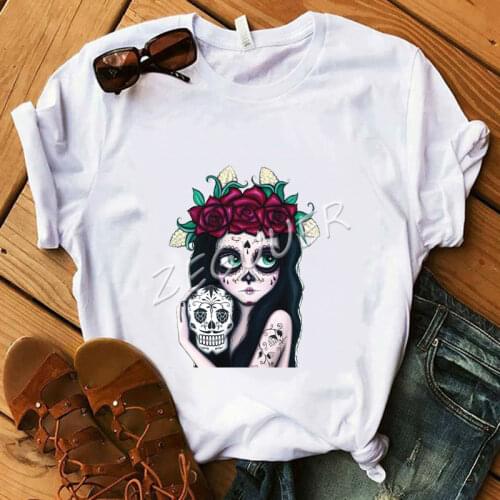 Flower Skull Girl T-Shirt Lady Rose Tattoo Streetwear Punk Tops White Cotton O-Neck Casual Tees Mexico Day Of Dead Shirt