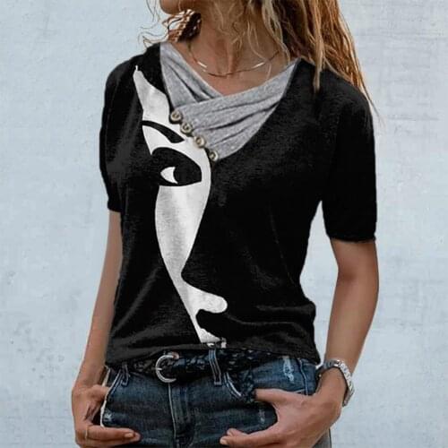 Human Face Print T Shirt Women Graphic Tops Cross V-Neck Buttons Summer Short Sleeve Fashion Casual Vintage Patchwork Tee Shirt