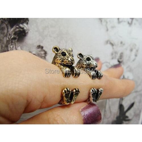Wholesale Hamster Ring Womens Retro Burnished Birthday gifts Animal Ring Jewelry Adjustable Ring Black Crystal (12pcs/lot)