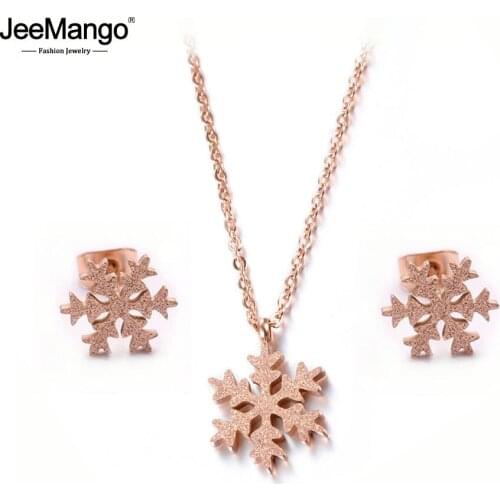 JeeMango Trendy Frosted Snowflakes Chain & Link Necklaces Earrings Jewelry Sets Titanium Steel For Women Christmas Gift JSE009