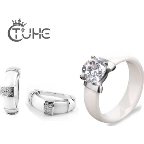 2018 Fashion White Crystal Stone Wedding Jewelry Sets For Brides Good Quality Ceramic Rings U Shape Stud Earrings Set For Women